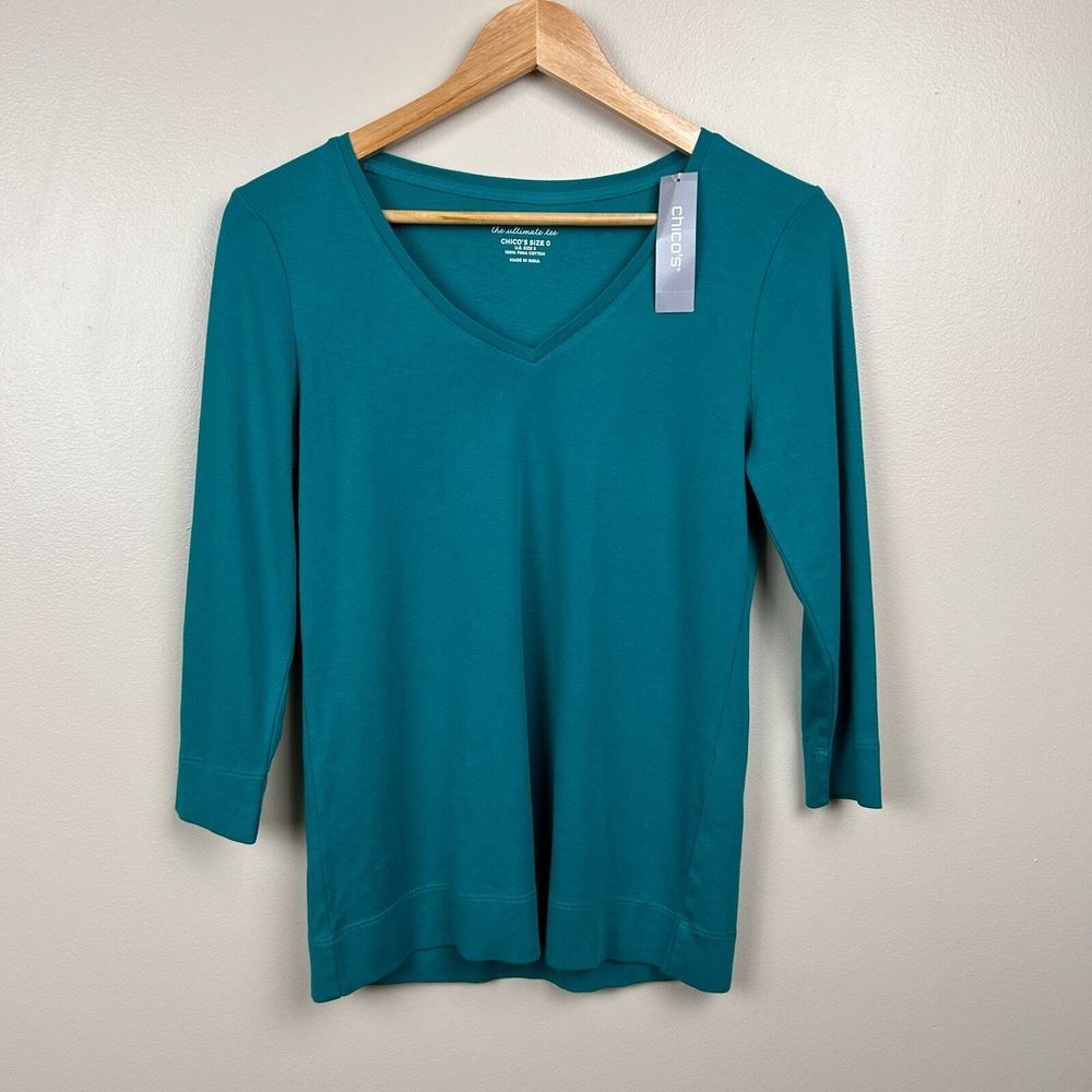 Chico's The Ultimate Tee Womens Top O‎ (XS) Green Pima Cotton Super Stretch 3/4